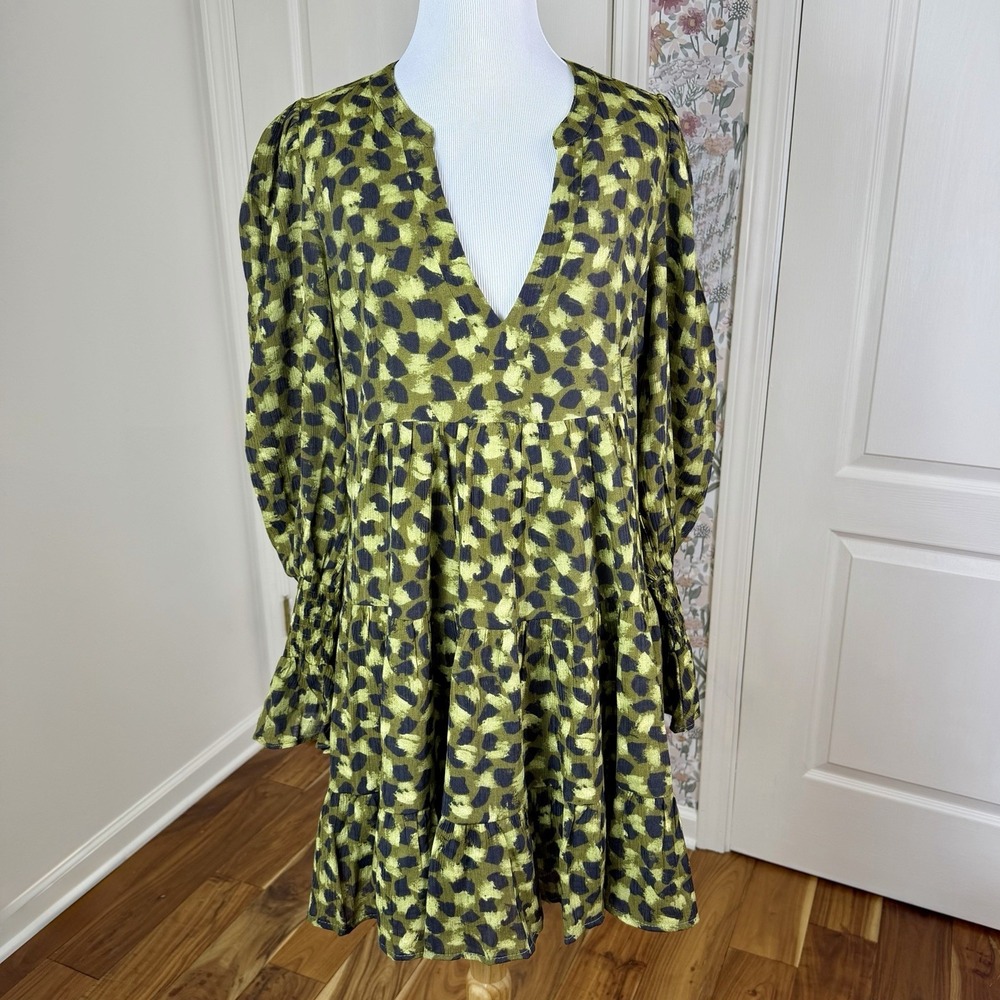 POMANDER PLACE Tuckernuck Green Black Swing Tiered Mini Small Dress Boho Prairie